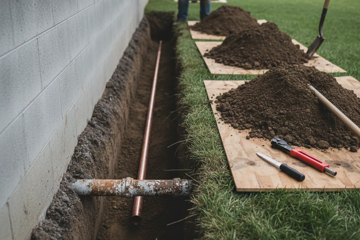Excavated water line trench during Water Heater Repair in Mattawan